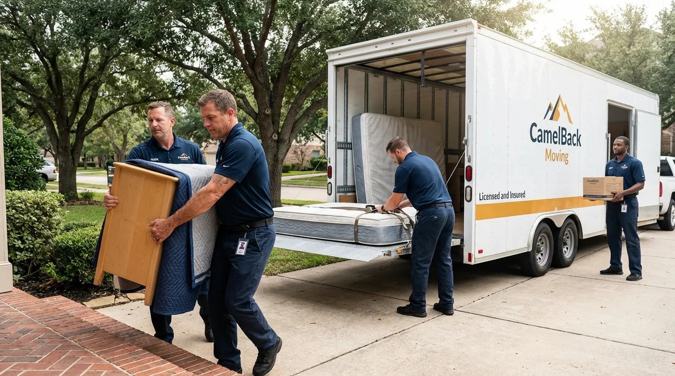 Crew loading residential truck for cross-state move from Mason, TX