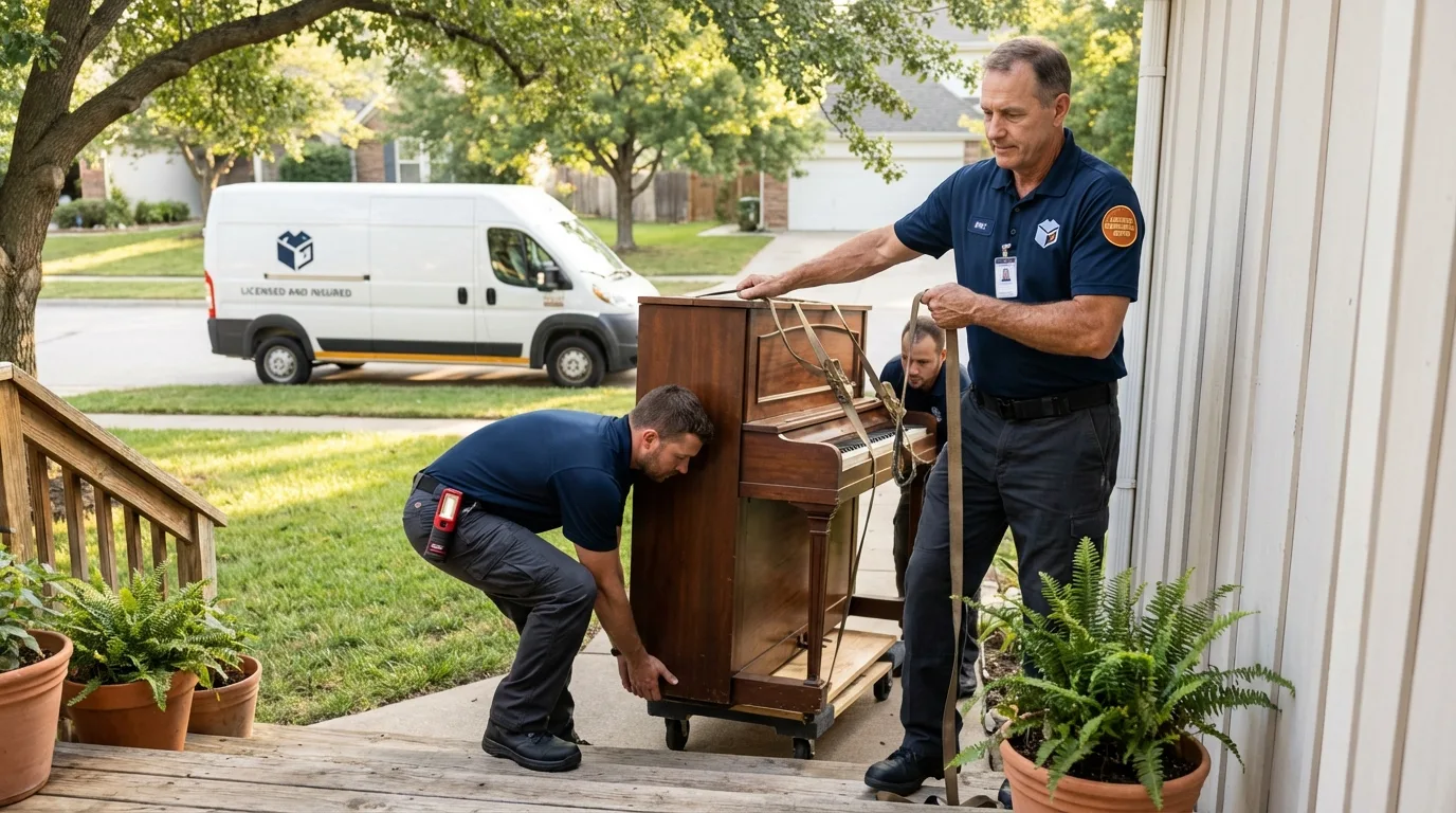 Licensed piano movers securing grand piano in Mason, TX