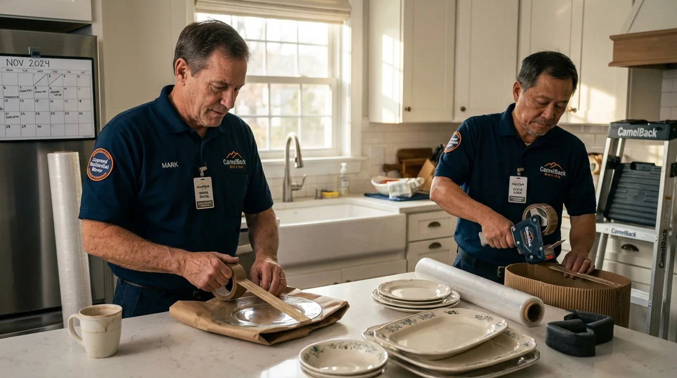 Professional crew packing kitchen dishware in Mason, TX
